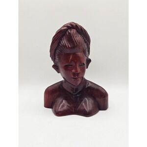 Vintage Hand Carved Wood Bust Female Sculpture Asian Style Headscarf Figurine